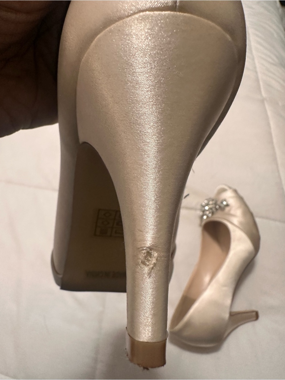 ERIJUNOR Champagne Satin Peep-Toe Heels with Crystal Brooch - Picture 6 of 8